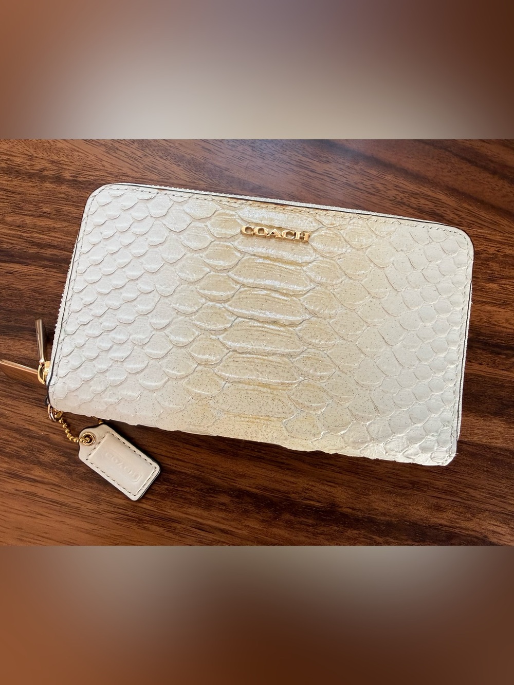 Coach White Python Embossed Leather Zip Around Wallet Gold Hardware
